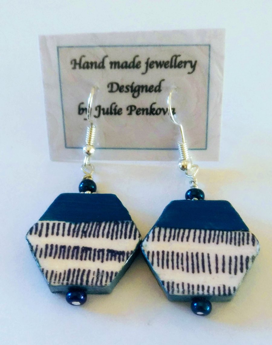 Blue stripe hexagon wood earrings
