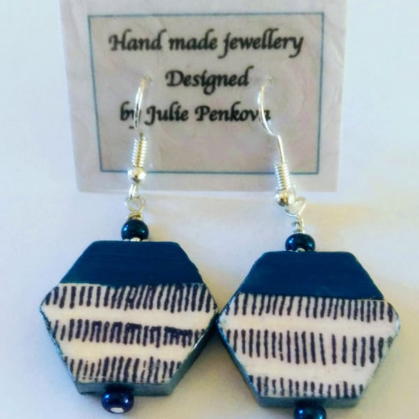 Blue stripe hexagon wood earrings