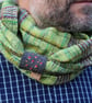 Unisex cowl woven in greens and purple hand dyed yarn with mushroom embroidery - Image 3
