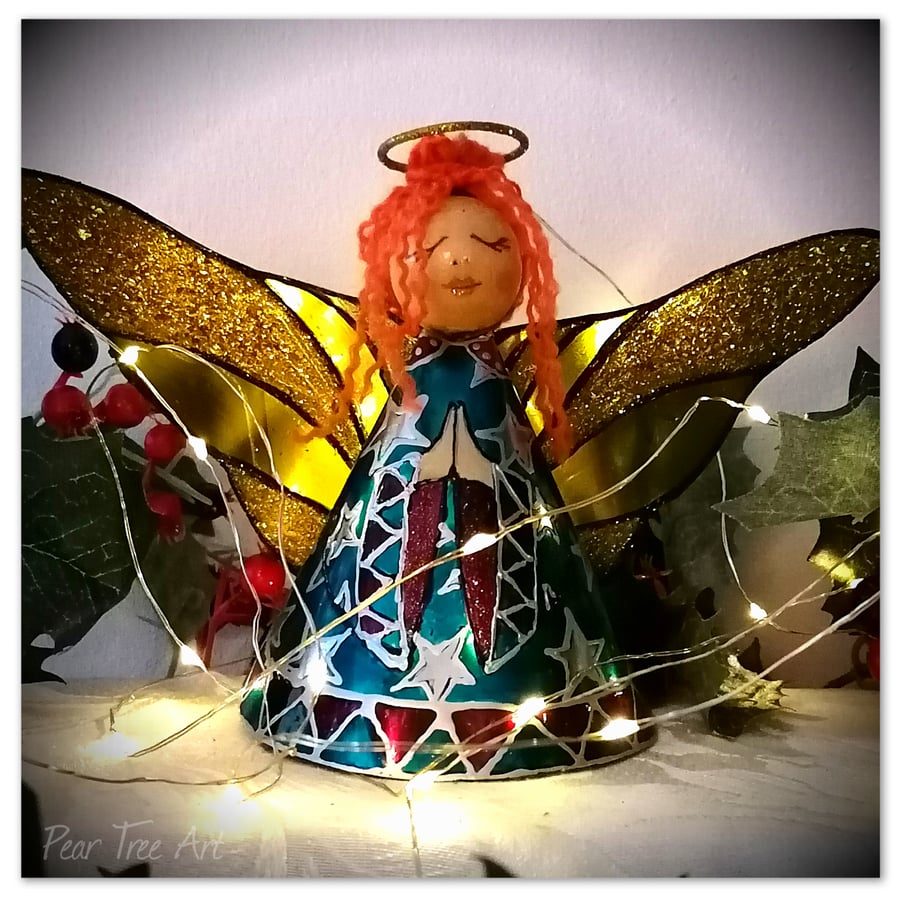 Large: Turquoise Tin Angel Christmas tree topper