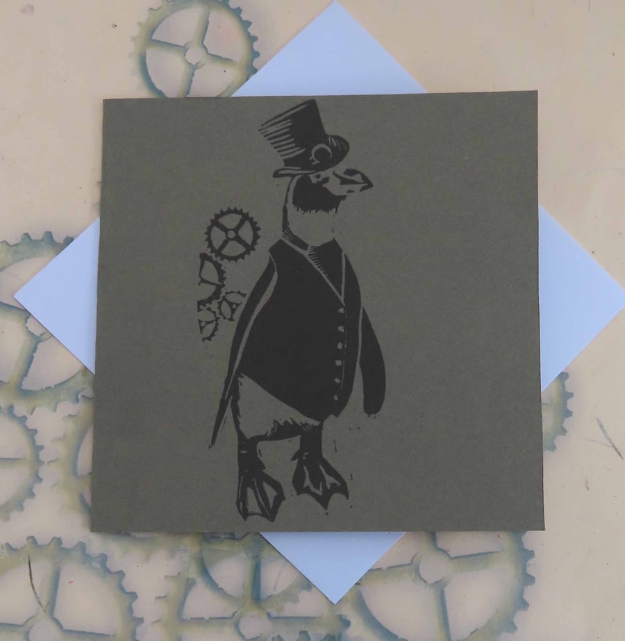 Steampunk Penguin Art Greeting Card From Original Lino Cut Print Grey