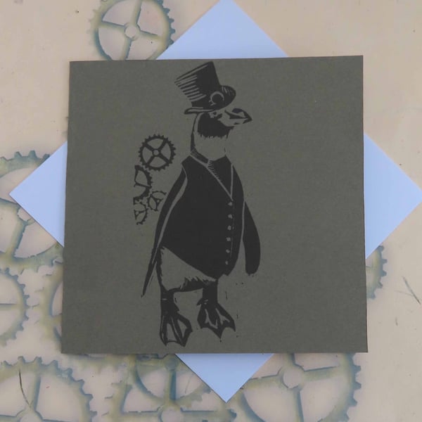 Steampunk Penguin Art Greeting Card From Original Lino Cut Print Grey