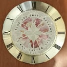 MOSAIC CLOCK FACE DIAL PINK BROKEN CHINA AND MOTIVATING WORDS.