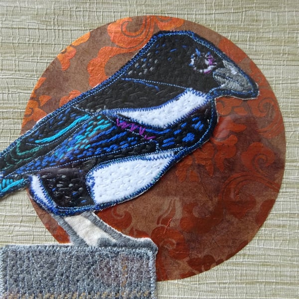 Magpie embroidered collage framed picture