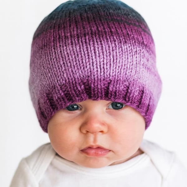 Hand Knitted Baby Hat in Purple and Blue Self-Striping Yarn, Beanie for Winter