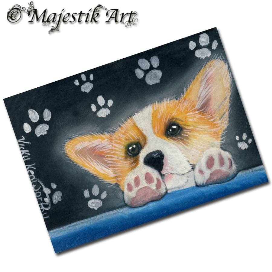 Archival ACEO Corgi Puppy Print 'Boo' By V Kenworthy