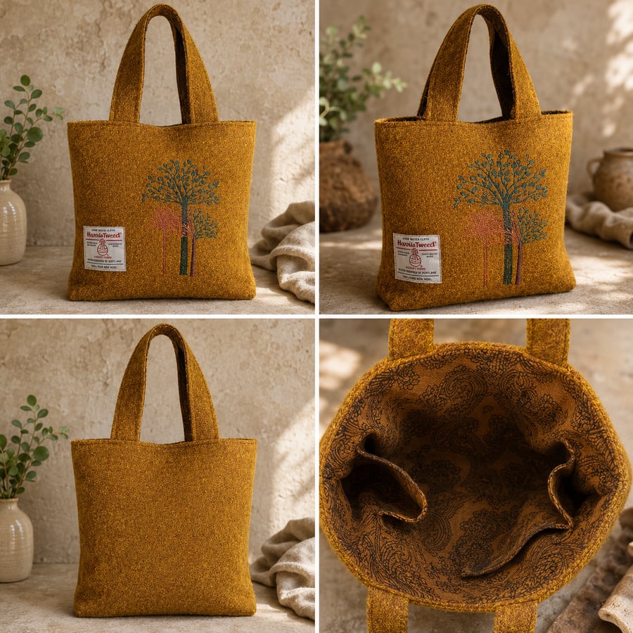 Harris Tweed Shopper bag with Embroidered autumnal trees.