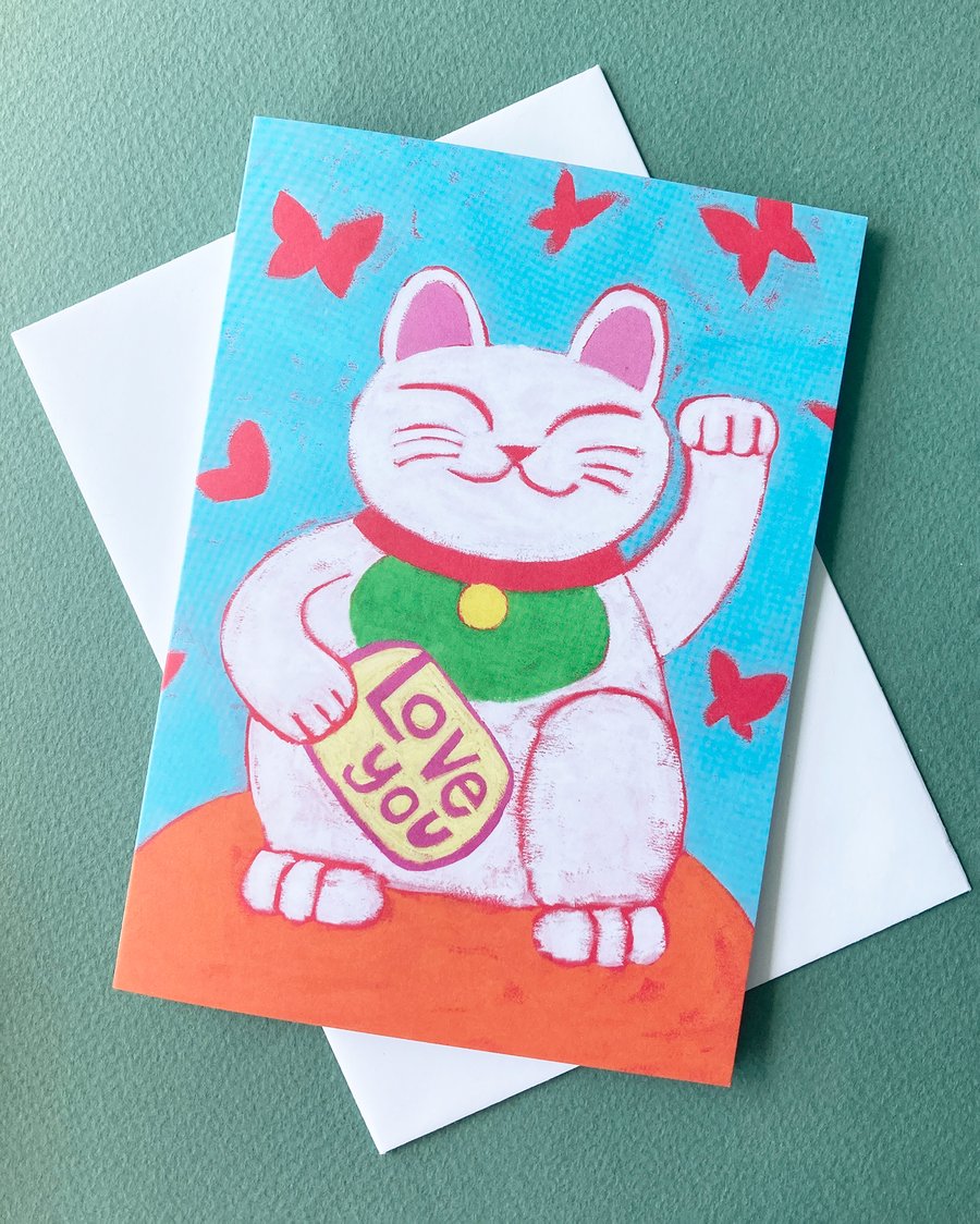 Love You Lucky Cat card -waving cat- by Jo Brown, Illustrator.
