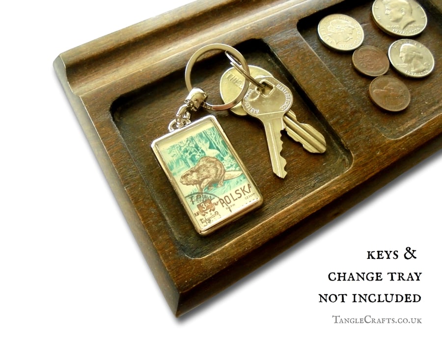 Beaver Keyring - made with upcycled vintage 1950s postage stamp from Poland