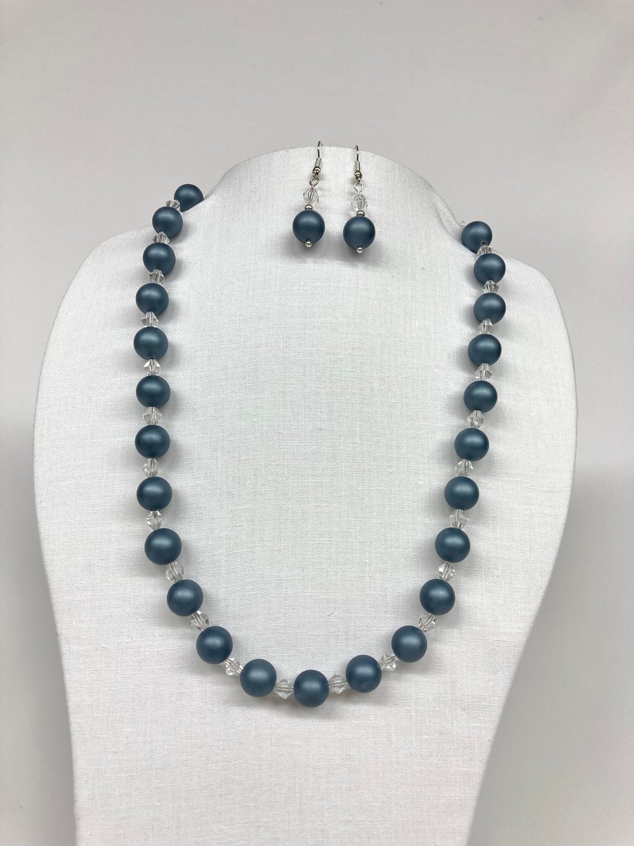 Women’s Necklace Set in Pale Blue Shell Pearl and Crystal Bicones