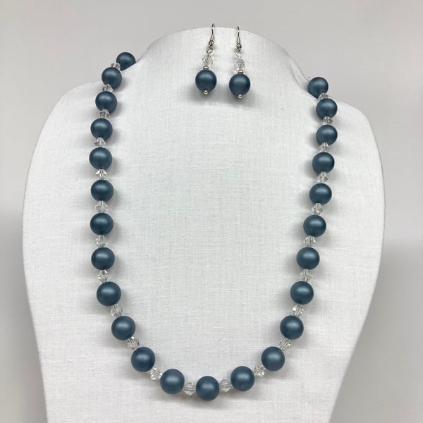 Women’s Necklace Set in Pale Blue Shell Pearl and Crystal Bicones