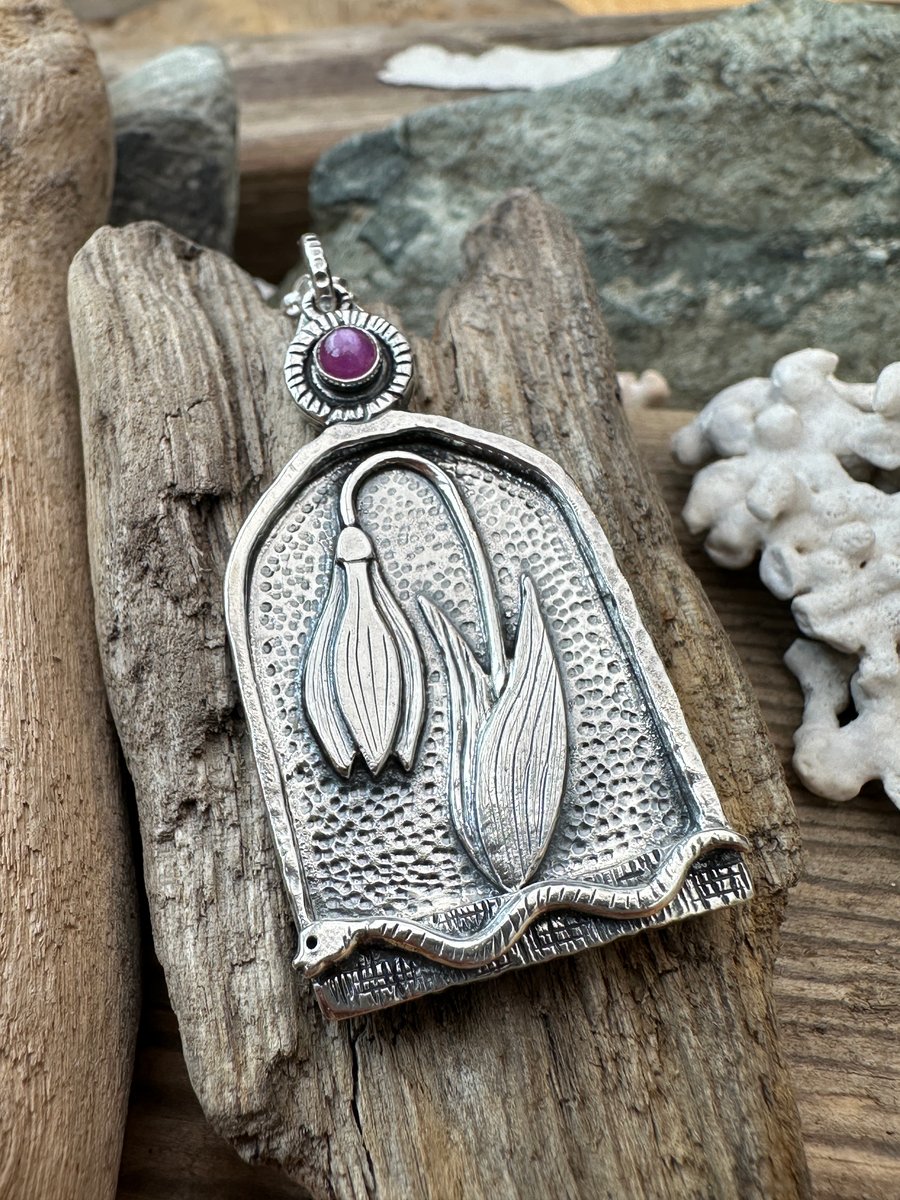 SOLD - Snowdrop Pendant with Ruby Cabochon RESERVED FOR ALEX