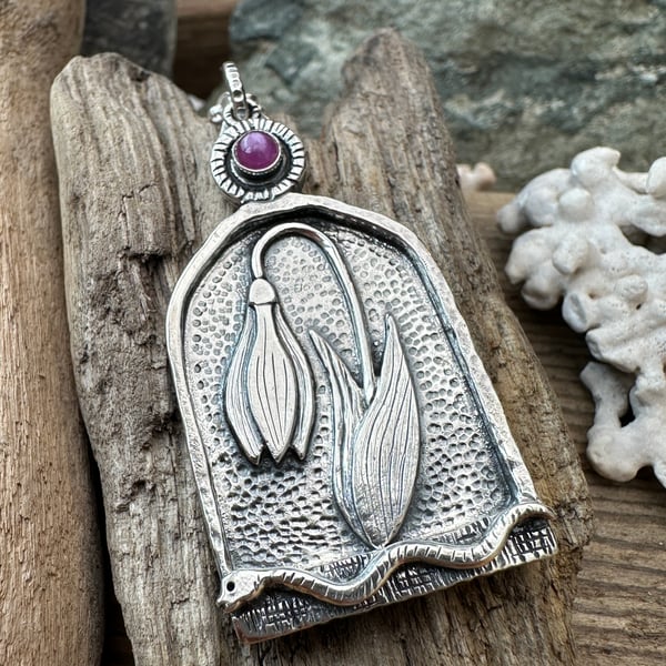 SOLD - Snowdrop Pendant with Ruby Cabochon RESERVED FOR ALEX