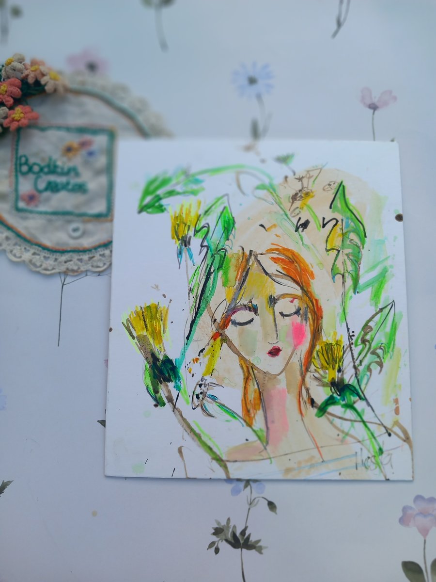 'Rose burdock' semi abstract portrait of a girl. In inks and mixed media