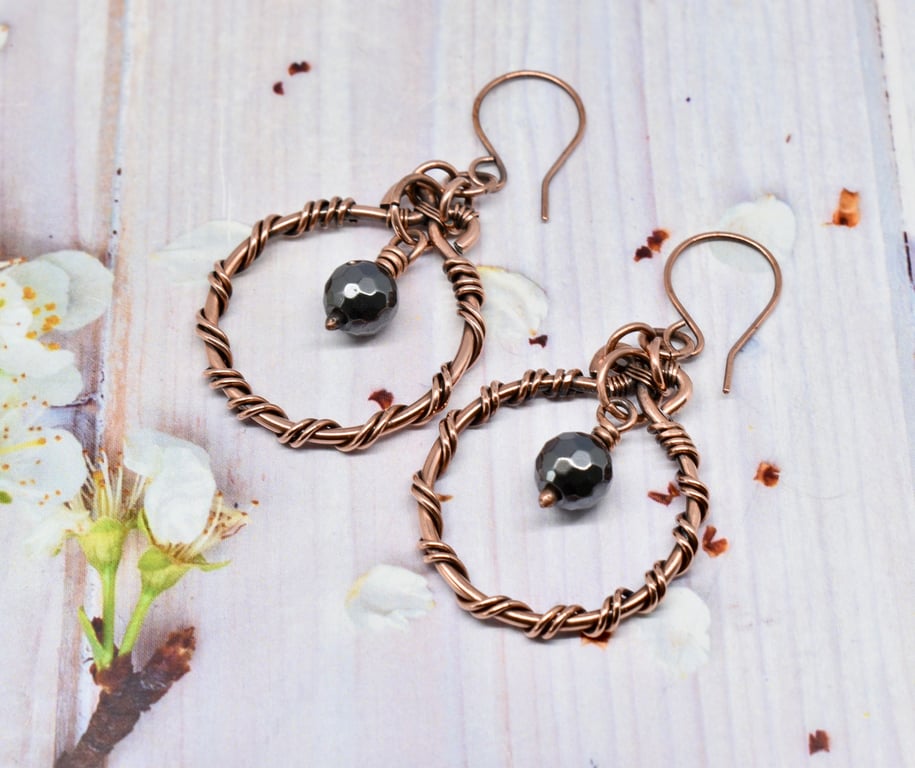 Hematite and Copper Hoop Earrings