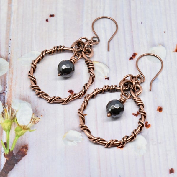 Hematite and Copper Hoop Earrings