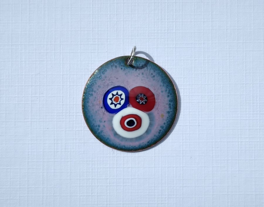 Pink enamelled copper pendant with millefiori 107