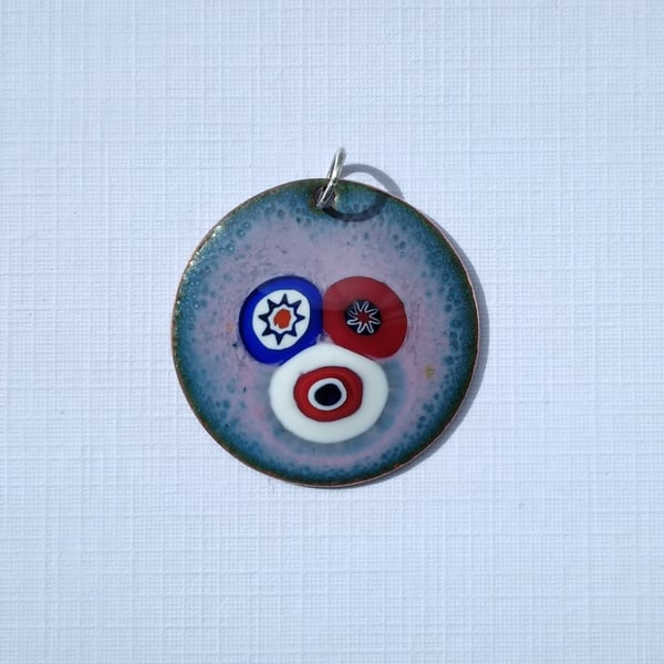 Pink enamelled copper pendant with millefiori 107