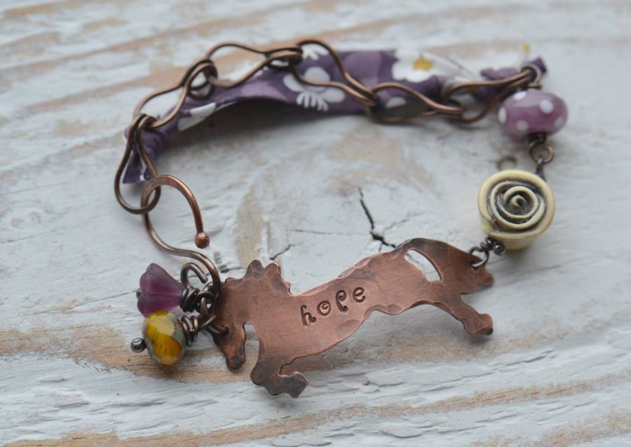 Handmade Bracelet with Hope Copper Horse, Lampwork & Polymer Beads and Ribbon