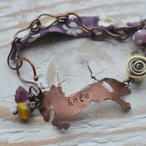 Handmade Bracelet with Hope Copper Horse, Lampwork & Polymer Beads and Ribbon