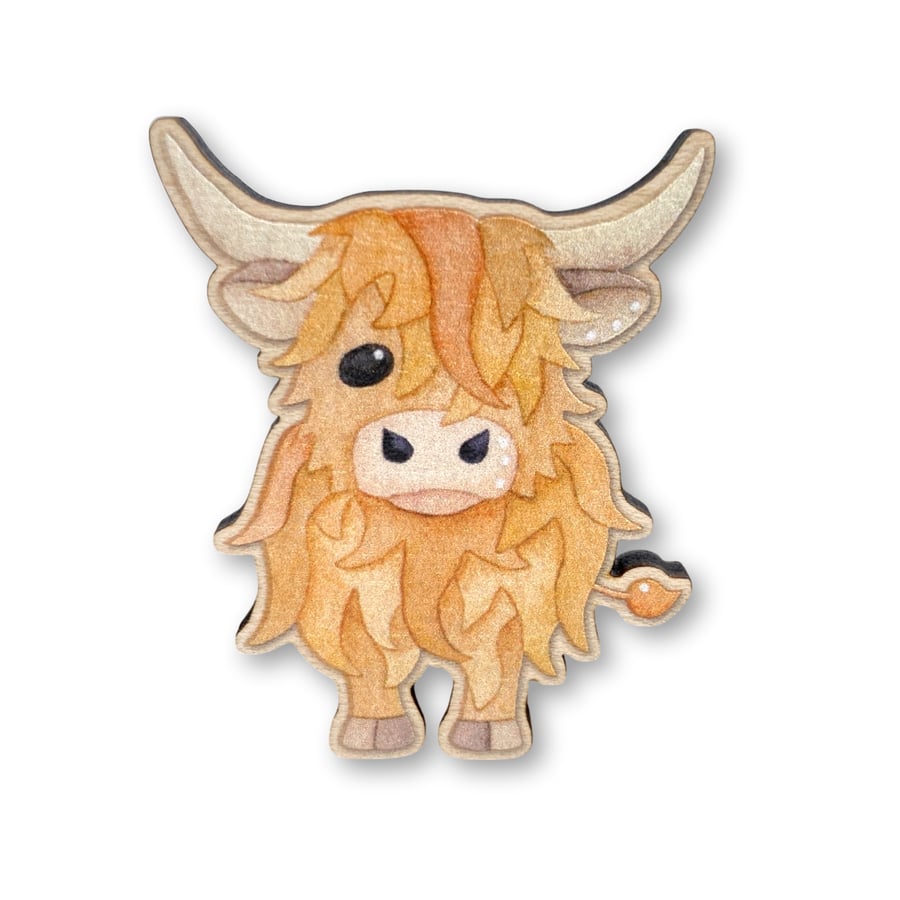 Wooden Pin Badge - Highland Cow - Maple Wood Brooch - Scottish Gifts