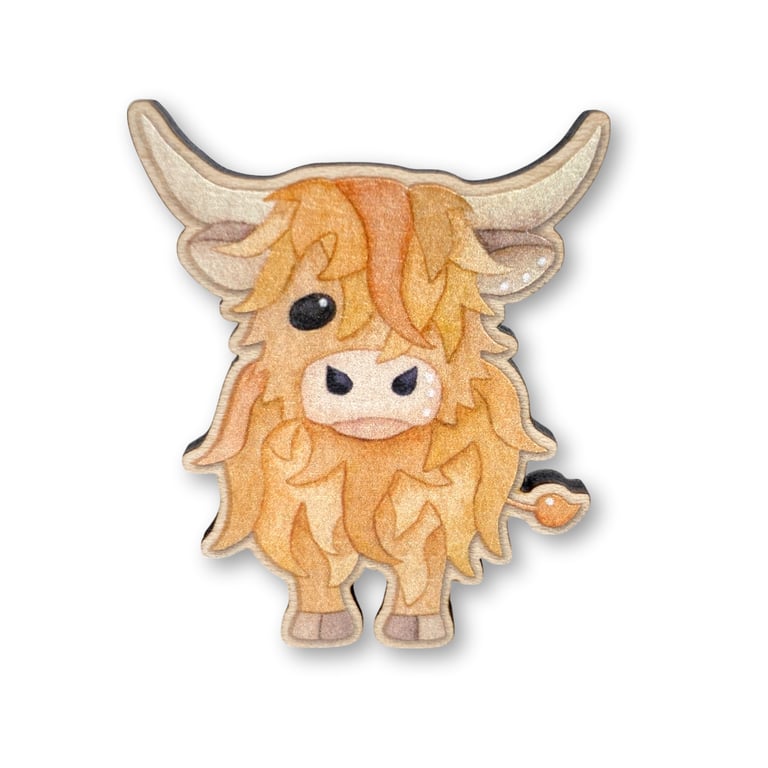 Wooden Pin Badge - Highland Cow - Maple Wood Brooch - Scottish Gifts