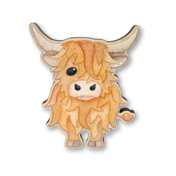 Wooden Pin Badge - Highland Cow - Maple Wood Brooch - Scottish Gifts