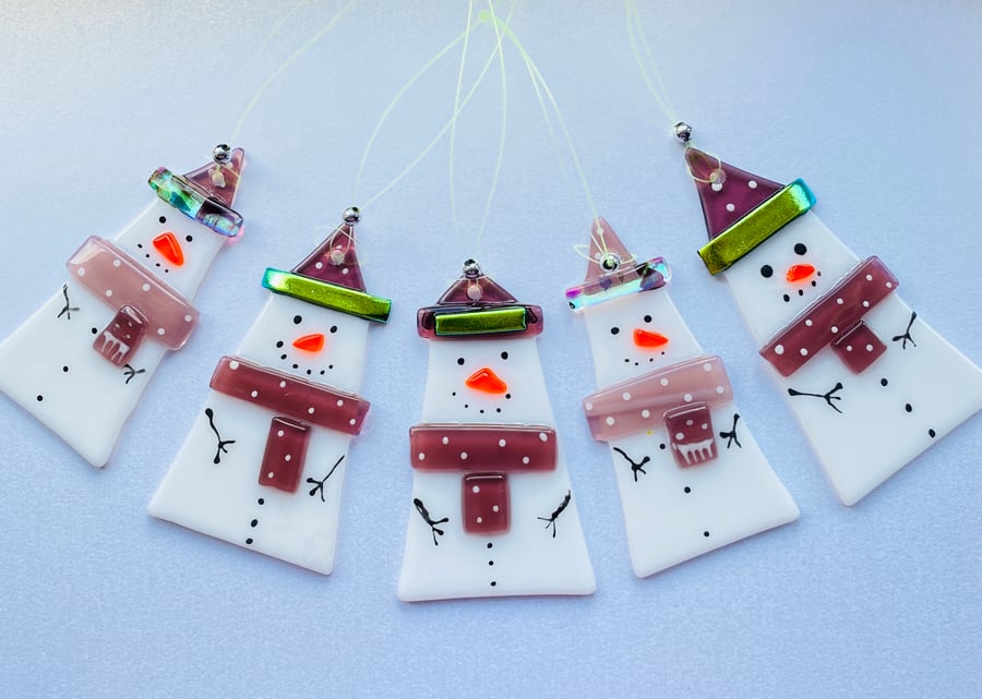 Fused glass snowmen with dichroic hats - Christmas decoration