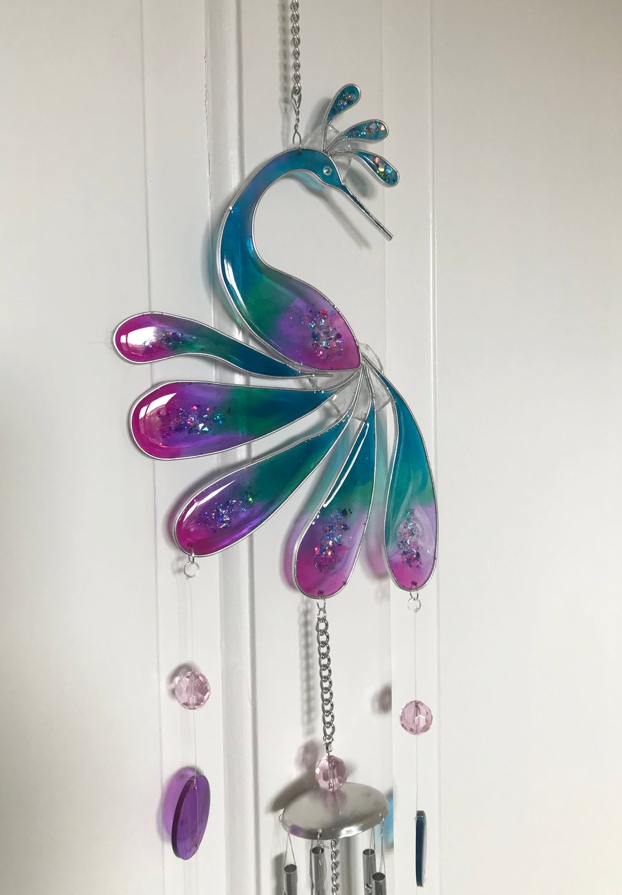 Peacock Windchime in Resin Stained glass style 