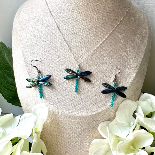 Dragonfly Earrings & Necklace Set - Jet Wing Laser
