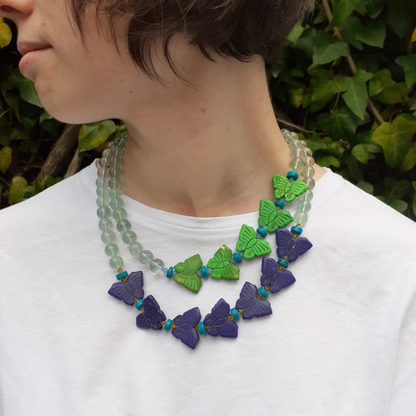 Howlite Butterfly and Fluorite Statement Necklace