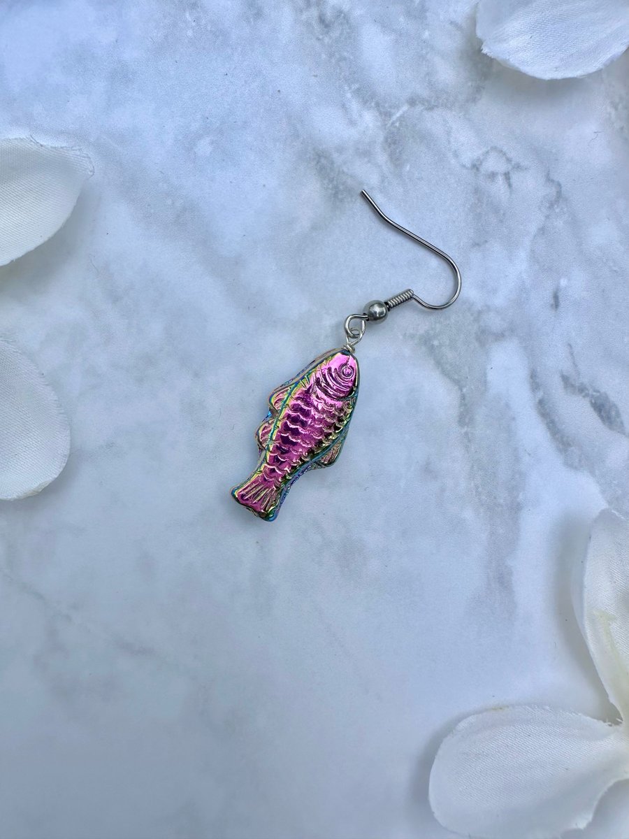 Fish Earrings - Green and Pink Foil