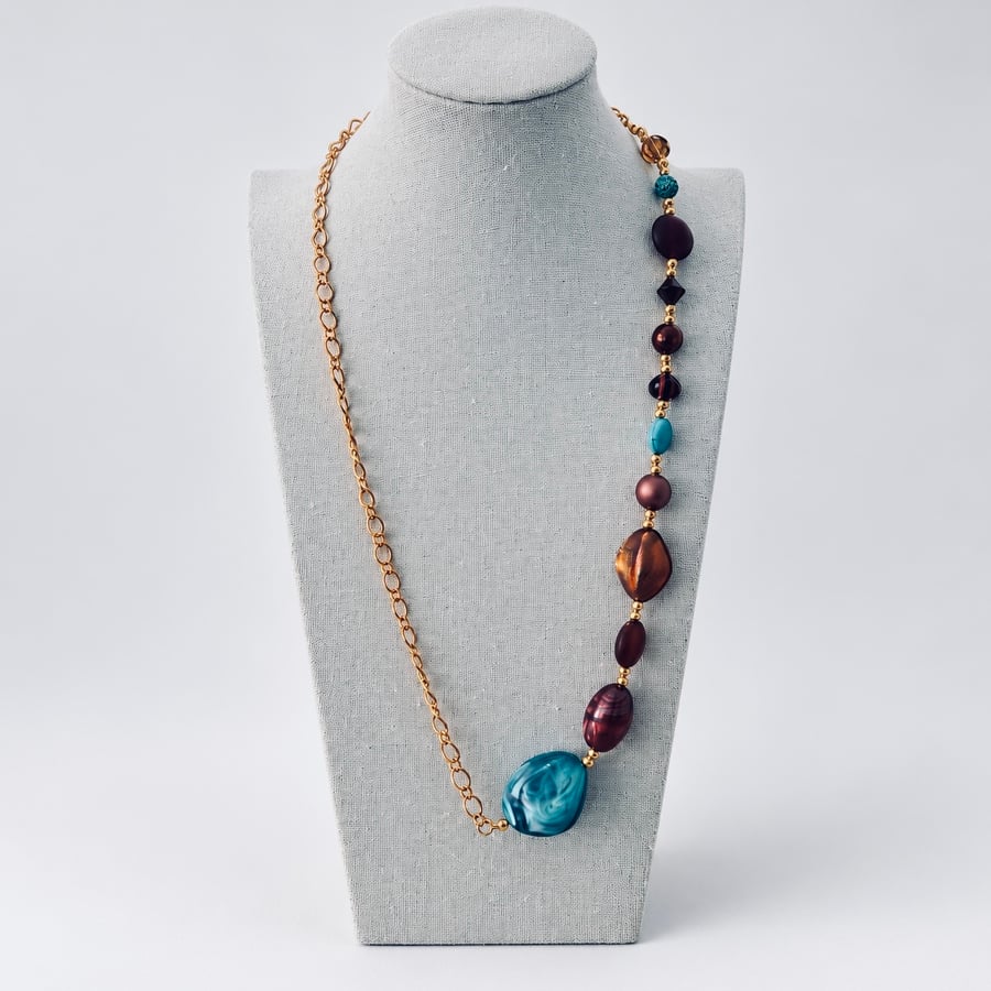 Asymmetrical Recycled Bead Statement Necklace, Gold Plated 24 Inch