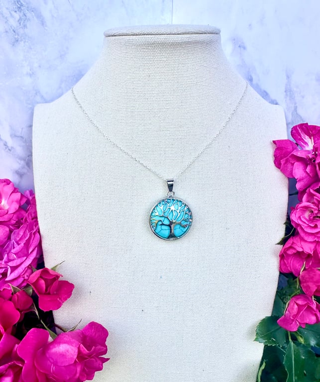 Turquoise Howlite Tree of Life Pendant Necklace 