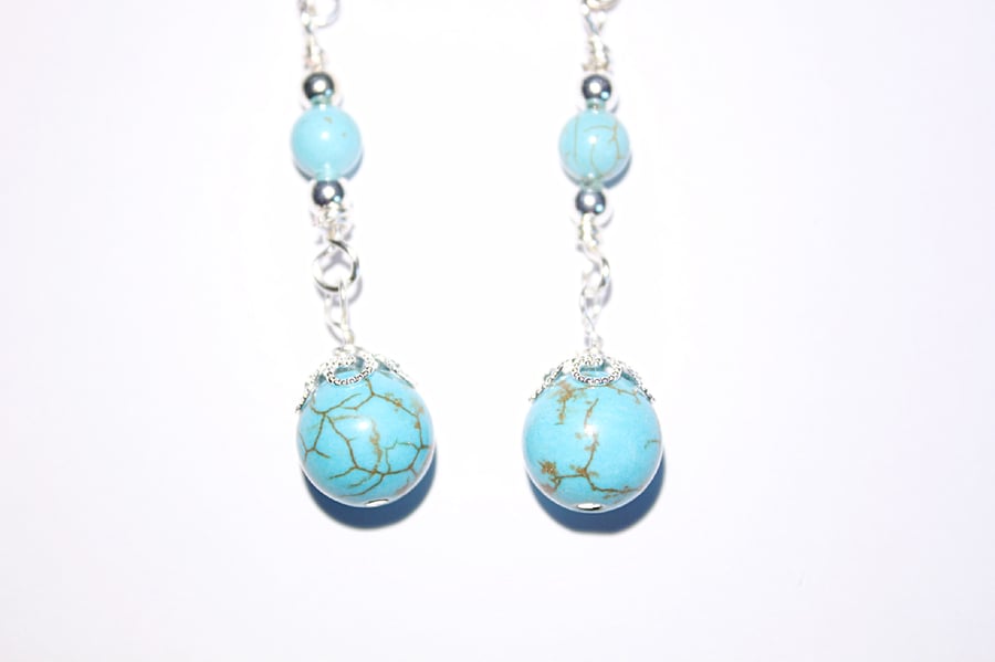 Turquoise and silver dangle earrings, Silver filigree wire wrapped drop earrings