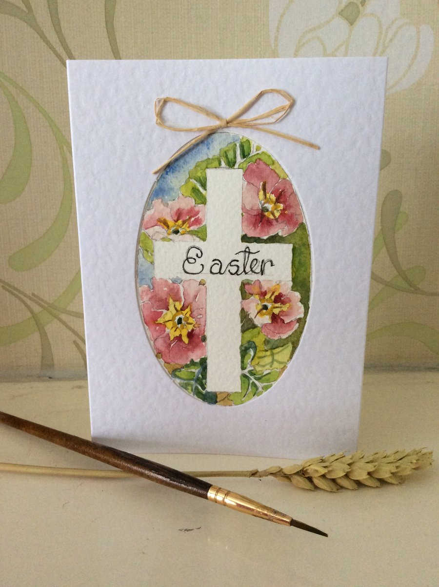Original handpainted Easter card depicting pink primroses with cross