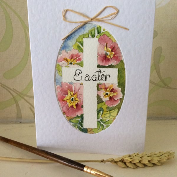 Original handpainted Easter card depicting pink primroses with cross