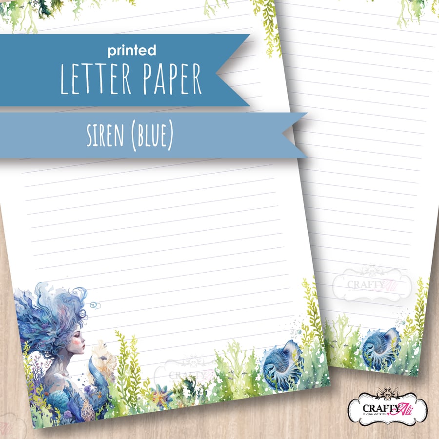 Letter Writing Paper - Mermaid Siren in blue, 10 sheets