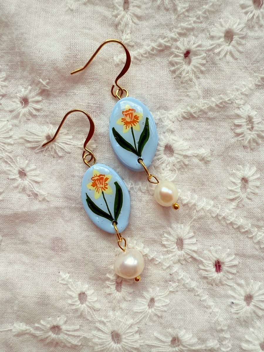 Daffodil Flower Pearl Drop Polymer Clay Earring - FREE SHIPPING