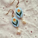 Daffodil Flower Pearl Drop Polymer Clay Earring - FREE SHIPPING