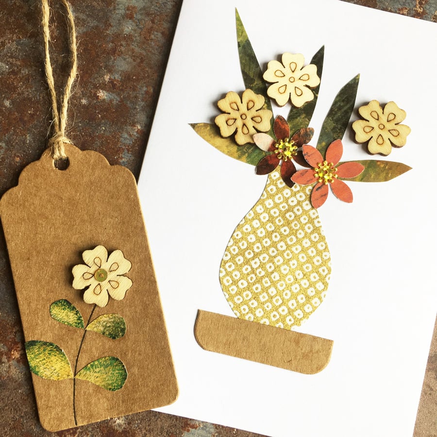 Handmade card and tag, anniversary card, floral card