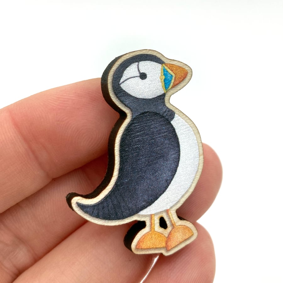 Wooden Pin Badge - Puffin - Maple Wood Brooch - Seaside Accessories and Gifts