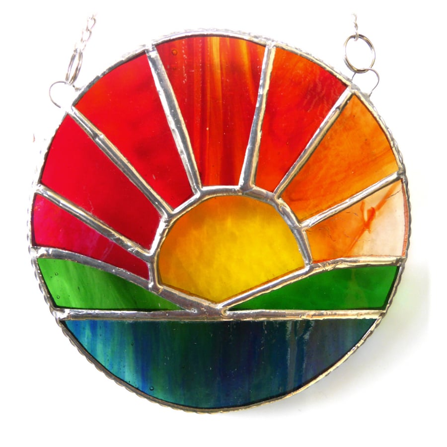 SOLD Sunrise Picture Stained Glass Suncatcher Handmade Sea Ring 069