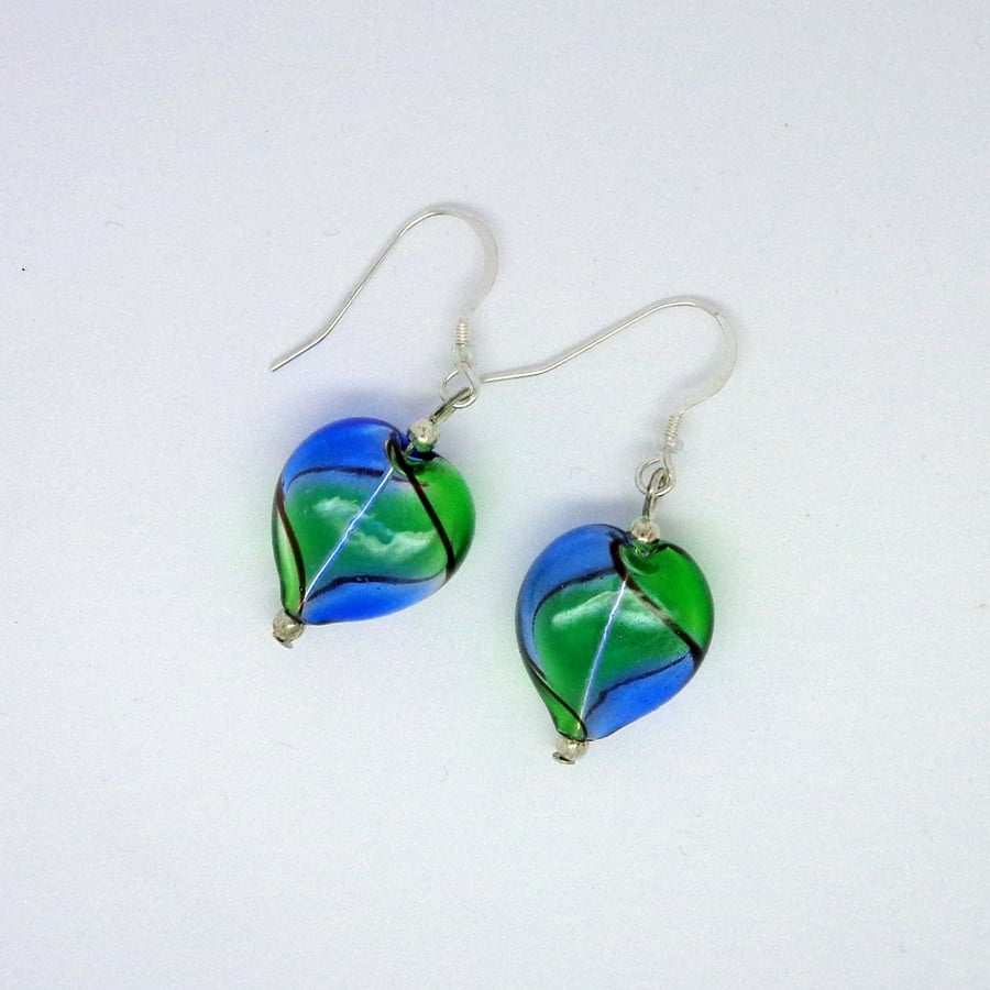 Blue & green blown glass heart earrings