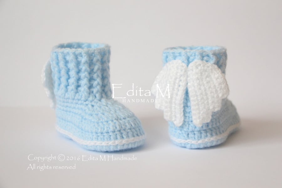 Baby booties, shoes, angel, wings, 0-3 months, free shipping, blue
