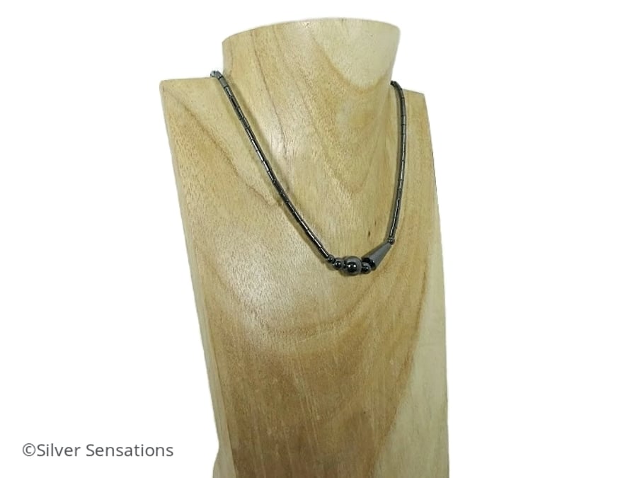 Slim Hematite Multi Shaped Slinky Black Beaded Ladies Necklace - Limited Edition