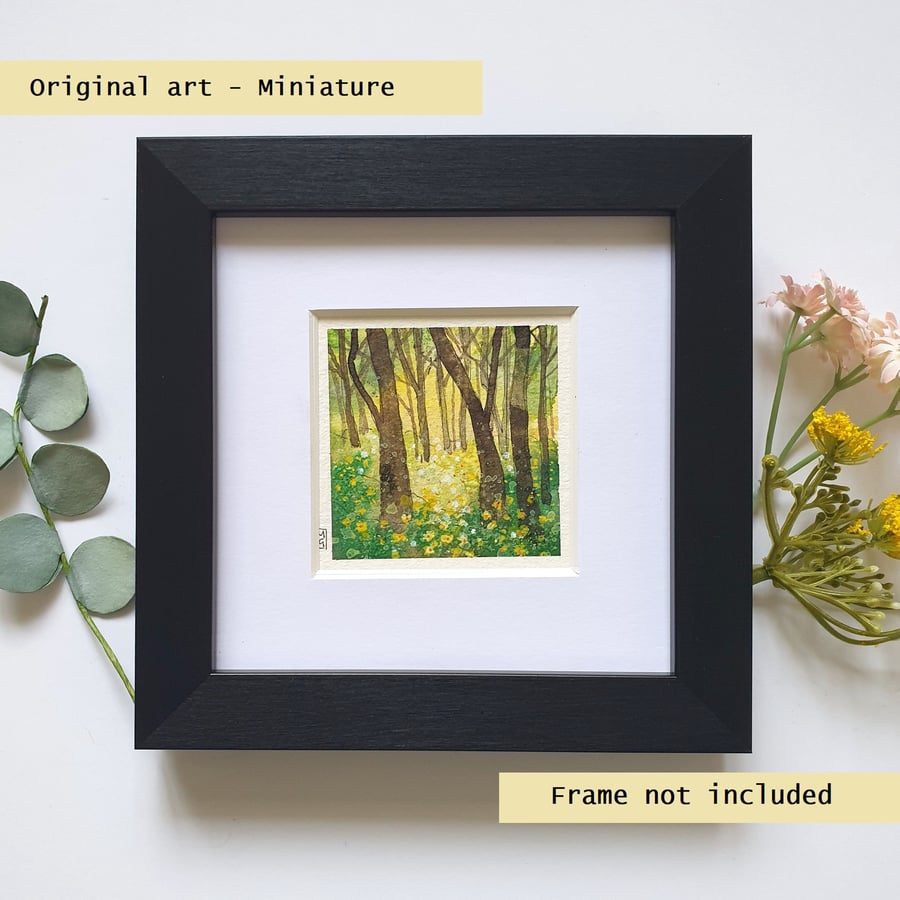 Miniature landscape painting - Woodland with yellow flowers, artwork, wall art