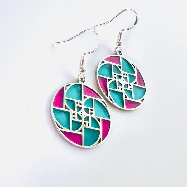 Fibonacci Spiral Earrings, Turquoise Pink Resin Mosaic Dangle, Geometric Silver 