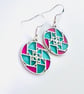 Fibonacci Spiral Earrings, Turquoise Pink Resin Mosaic Dangle, Geometric Silver 