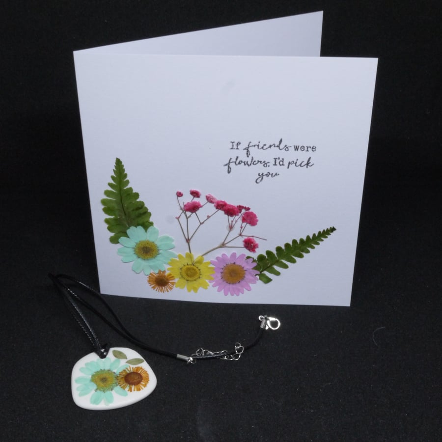 Pressed flower friends card with matching ceramic pendant